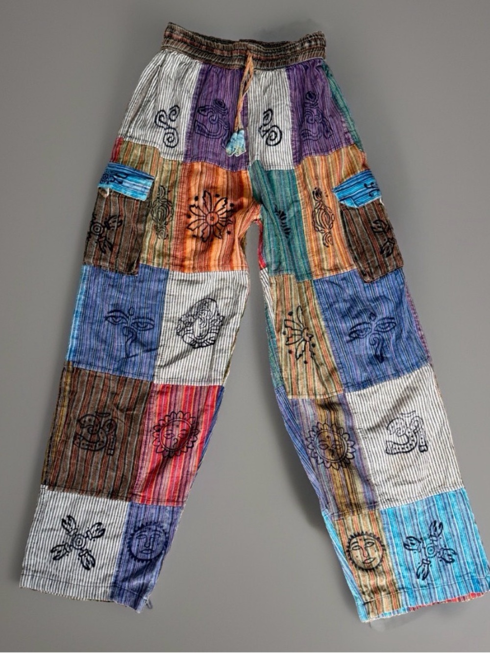 Rising international Women’s Patchwork Cotton cargo Pants L Harem hippie artsy